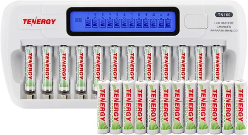 Tenergy TN160 Cargador LCD de 12 bahías AA/AAA NiMH/NiCD y paquete de 24 baterías recargables Centura AAA NiMH