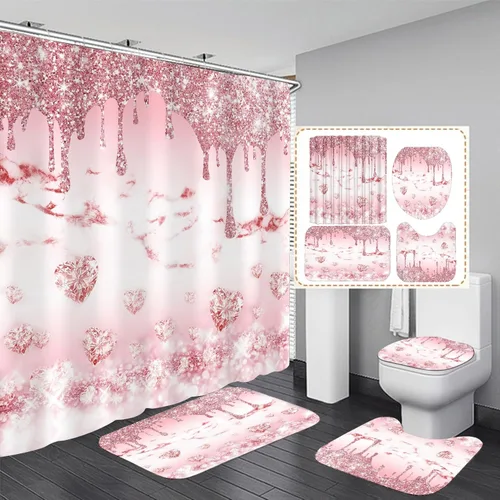 Miniatura 8 de AZHM 4 piezas Juegos de Cortinas de Ducha con Citas Inspiradoras con Alfombras, Juego de Decoración Floral de Baño con Cortina de Ducha y Alfombras