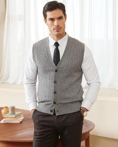 Miniatura 2 de Kallspin Suéter de punto trenzado para hombre, chaleco de mezcla de lana, cuello en V, con botones, sin mangas