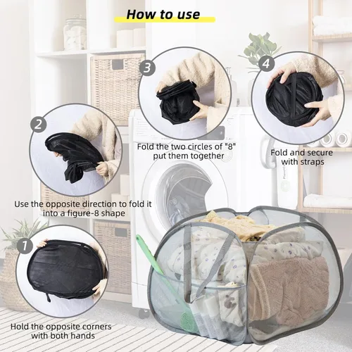 Miniatura 7 de Cesta plegable para la ropa sucia, 90 L, plegable, con asas, cesta cuadrada de malla para ropa sucia, para lavandería, baño, habitación de los Gris
