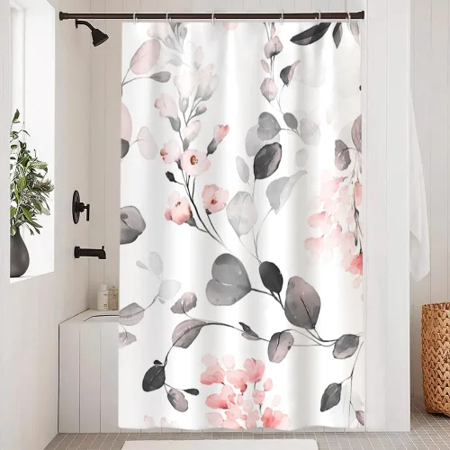Miniatura 27 de Cortina de ducha pequeña de eucalipto azul acuarela, juego de cortinas de ducha pequeñas impermeables con diseño floral de primavera con ganchos, 36