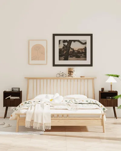 Miniatura 6 de Veegle Mesita de noche, moderna mesita de noche con cajón de almacenamiento y estante de madera abierta, mesita de noche decorativa con patas
