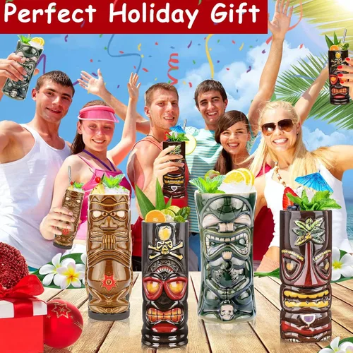 Miniatura 3 de SuproBarware Juego de 4 tazas Tiki de cerámica grandes Tiki tazas hawaianas Luau para fiestas, tazas Tiki Bar para cócteles