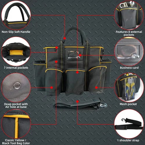 Miniatura 3 de MELOTOUGH Bolsa de suministro de 14 pulgadas Bolsa de herramientas con parte superior abierta Bolsa organizadora de herramientas con correa