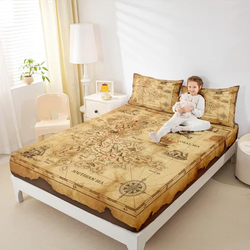 Miniatura 6 de Juego de sábanas de mapa náutico, tamaño individual, juego de ropa de cama de brújula de barco pirata, 3 piezas, para niños, adolescentes, adultos