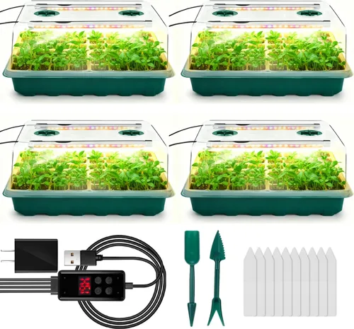 Miniatura 8 de Bandeja para inicio de semillas con luz de crecimiento, kit de 96 celdas, bandejas de inicio de plántulas con cúpulas de humedad, temporizador