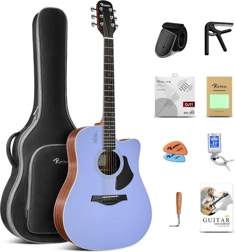 Miniatura 12 de Rosen Guitarra acústica Dreadnought de tapa sólida de 104 cm con abeto, para principiantes, con libro, bolsa acolchada, cuerdas, púas, llave Azul