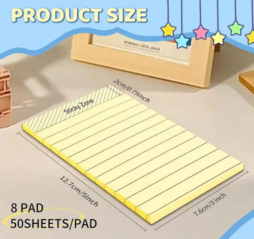 Miniatura 4 de Paquete de 8 notas adhesivas rayadas, bloc de notas grandes amarillas de 3 x 5 pulgadas, despegar limpiamente, superadherente a rayas, blocs
