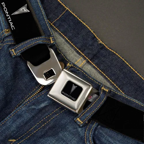 Miniatura 2 de Cinturón de seguridad con hebilla Pontiac NegroPlateado Logo REPEAT 1.0" de ancho 20-36 pulgadas de longitud