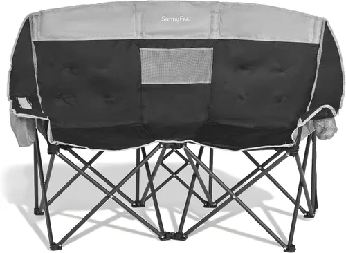 SunnyFeel Silla de Camping Doble Plegable, Silla Loveseat de Gran Tamaño, Silla de Jardín Portátil/Plegable de Servicio Pesado con Negro-enfriador