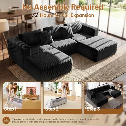 Miniatura 3 de 110" Sofá seccional modular con 2 otomanos móviles, sofás nube para sala de estar, sofá de forma U con asiento profundo sin huesos, lujosa tela