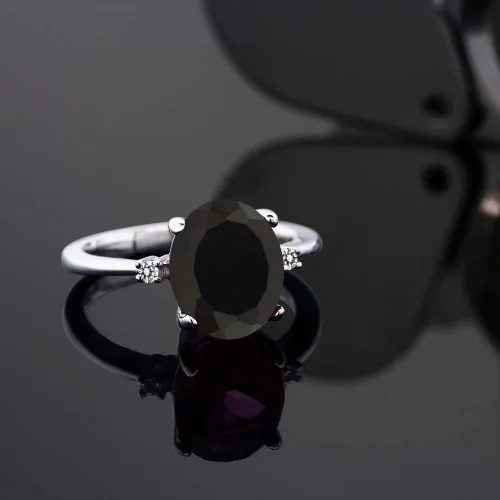 Miniatura 4 de Gem Stone King Anillo de compromiso de plata de ley 925 con ónix negro y diamante blanco para mujer