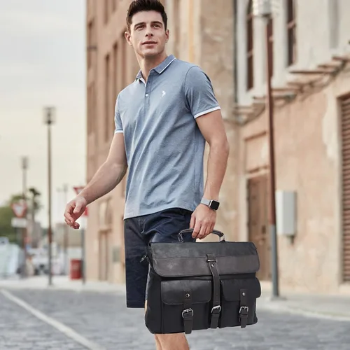 Miniatura 2 de Bolsa de mensajero de cuero para hombre, bolso vintage para computadora portátil, resistente al agua, maletín de viaje de negocios, bolsa de trabajo