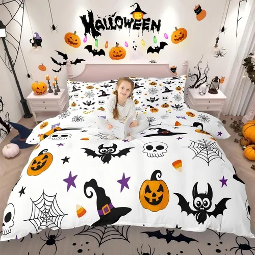 Miniatura 18 de Juego de ropa de cama de Halloween, funda de edredón gótica de murciélagos negros con telarañas, funda de edredón individual, diseño de arañas
