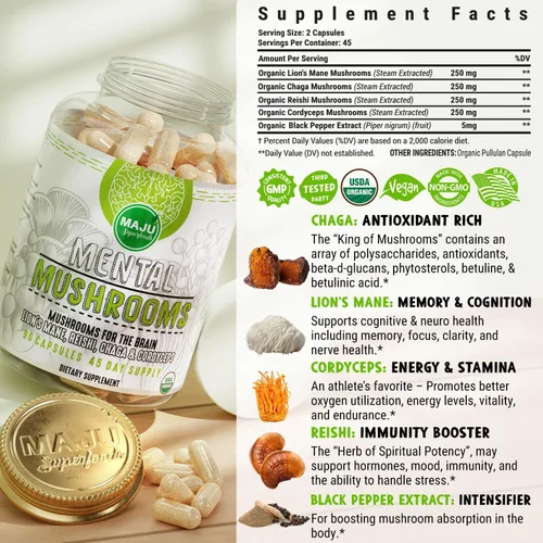 Miniatura 5 de Cápsulas de hongos mentales, suplemento de extracto orgánico con melena de león, cordyceps, reishi y chaga, aumenta tu enfoque, energía, bienestar