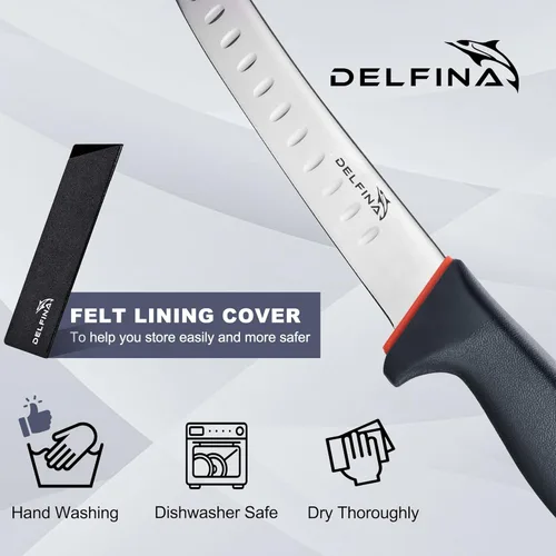 Miniatura 6 de Cuchillo curvado de 8 pulgadas con funda y mango SoftGrip, cuchillo para cortar carne, acero japonés de alto carbono (8 pulgadas)