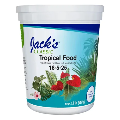 Jack's Classic 16-5-25 Fertilizante soluble en agua para alimentos tropicales con micronutrientes para un fuerte crecimiento exuberante, 1.5lbs