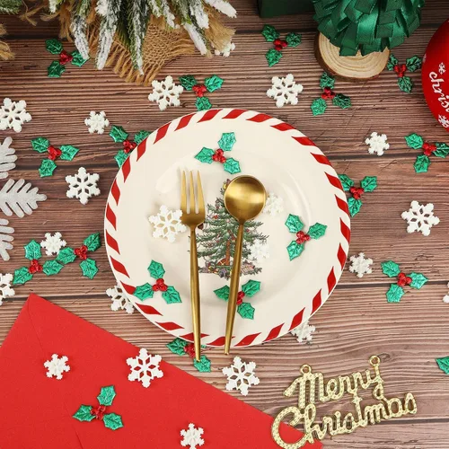 Miniatura 4 de JUNEBRUSHS 120 Piezas de Decoraciones Navideñas de Resina en Miniatura, Mini Copos de Nieve de Resina Hojas de Acebo Bayas, Adorno Navideño