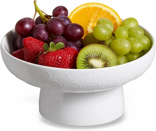 ONEMORE Frutero de cerámica de 10 pulgadas, tazón grande de pedestal blanco con diseño de patas extraíbles y agujeros de drenaje para encimera de