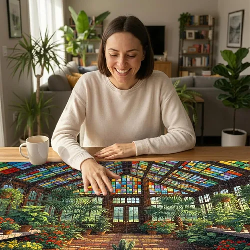Miniatura 9 de Rompecabezas para adultos de 1000 piezas, rompecabezas de invernadero de vidrieras con arte en papel, divertido y difícil rompecabezas de flores