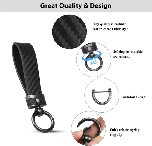 Miniatura 3 de QBUC Llavero de coche estilo fibra de carbono, llavero portallaves de cuero de microfibra para hombres y mujeres, con giratorio de 360 grados, Negro