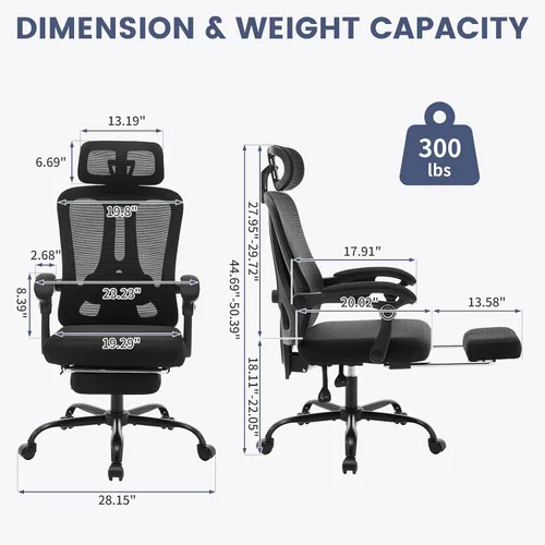 Miniatura 2 de Silla ergonómica de oficina de respaldo alto con reposapiés y reposacabezas, silla de escritorio de malla con soporte lumbar ajustable, silla