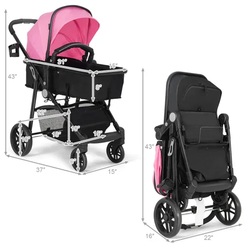 Miniatura 7 de BABY JOY Cochecito de bebé, 2 en 1 Carriola convertible de cuna a cochecito, silla de paseo con cubierta para pies, portavasos, gran espacio de Rosa