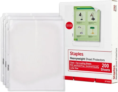 Staples Protectores de hojas pesados, 8.5 x 11 pulgadas, protectores transparentes de 3 agujeros perforados, caja fuerte para archivos, paquete de