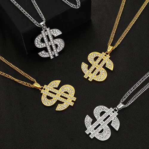 Miniatura 3 de Collar de cadena chapada en 4 piezas para hombre con colgante de signo de dólar, collar de dólar