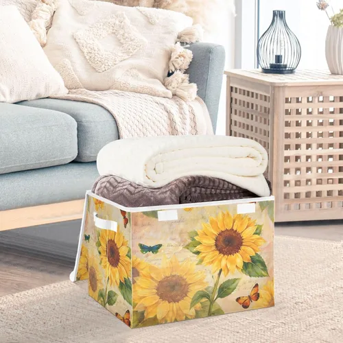 Miniatura 5 de SUABO Contenedor de almacenamiento vintage de girasol y mariposa con tapa, cajas de almacenamiento grandes de tela Oxford, plegables para el hogar