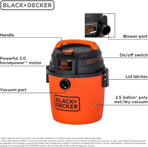 Miniatura 2 de BLACK+DECKER Aspiradora de Taller de 2.5 Galones, Aspiradora Húmeda y Seca de 3 HP Pico con Potente Succión, Portátil para Garaje, Automóvil y Uso