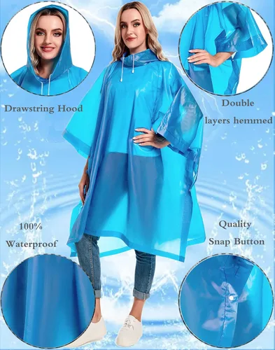 Miniatura 3 de Paquete de 2 ponchos de lluvia para adultos, reutilizables, impermeables, de supervivencia, emergencia, resistente, con capucha con cordón
