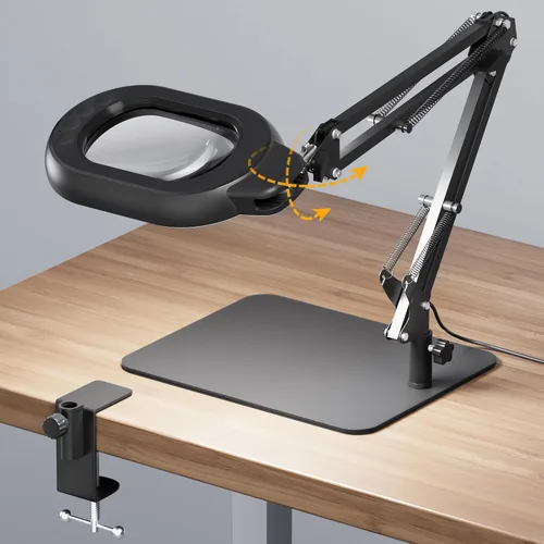 Lámpara de escritorio de aumento ONLYWIN, lupa cuadrada 10X con luz y soporte, lámpara de aumento LED regulable con pinza y base, luz de brazo