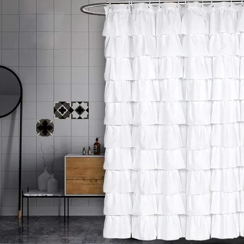 Volens - Cortina de ducha de tela blanca con volantes para baño, 70 pulgadas de largo Blanco