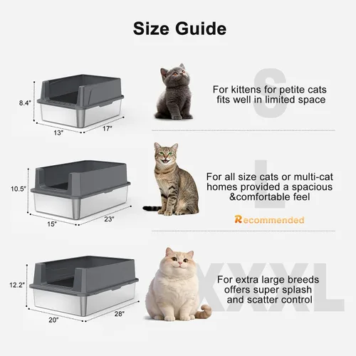 Miniatura 2 de FURTIME Caja de arena para gatos de acero inoxidable, caja de arena de metal de alta cara fácil de limpiar, bandeja de arena abierta para gatos