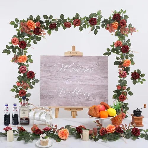 Miniatura 4 de Senseya Guirnalda de flores de rosas artificiales de 5 pies, vid floral falsa de terracota con hojas de rosa, guirnalda de flores rústicas
