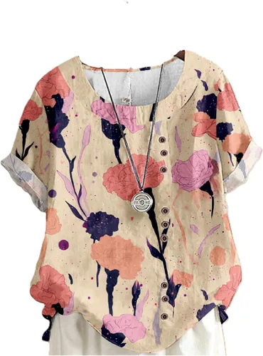 domirica Camisetas de verano para mujer 2024 con estampado de flores, algodón, lino, manga corta, cuello redondo, camisas casuales de moda