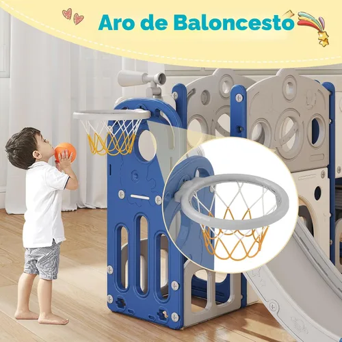 Miniatura 8 de kinbor Juego de toboganes 8 en 1 para niños pequeños, tobogán para niños con aro de baloncesto, juego para niños con escaleras fáciles de subir