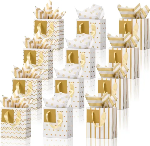Miniatura 18 de Tenare 12 bolsas de regalo pequeñas, mini bolsa de papel metálica a granel con asa de papel de seda para envoltura de regalo, día del padre, Blanco
