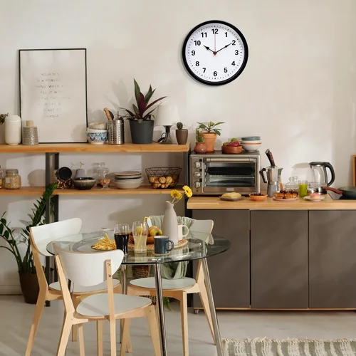 Miniatura 6 de LEIKE Reloj de pared de metal de 10 pulgadas, color negro, retro de cuarzo silencioso, funciona con pilas, decorativo para patio, cocina, sala