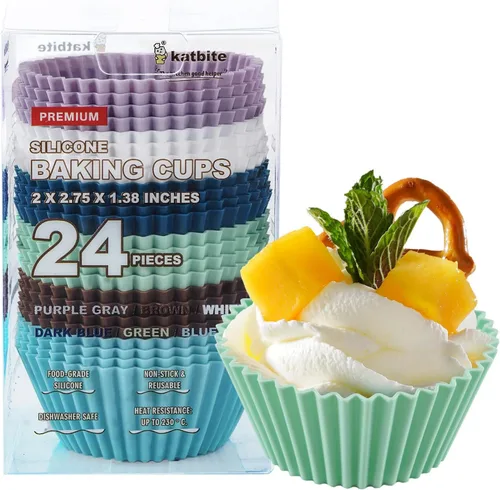 Katbite - Paquete de 24 tazas de silicona para hornear cupcakes, reutilizables, antiadherentes, resistentes, para hornear, muffins suaves y pálidos,