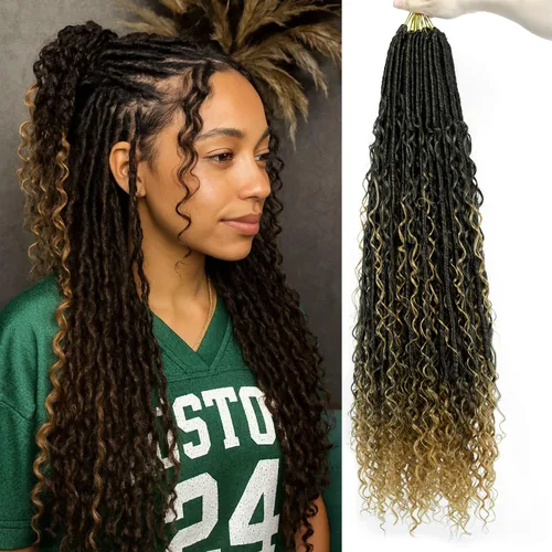 Miniatura 40 de 8 Paquetes de Rastas Falsas Bohemias de Ganchillo de 14 Pulgadas, Rastas Suaves de Ganchillo con Extremos Rizados, Pre-enrolladas, Cabello de 1B/27#