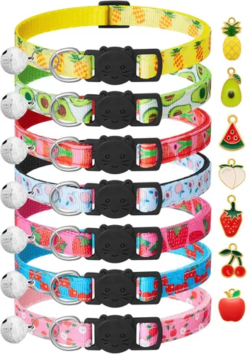 Paquete de 7 collares de gato con campanas y colgantes de frutas, collar de seguridad para gatitos, ajustable, ideal para niñas, gatos, niños,