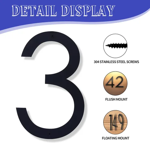 Miniatura 22 de Números de casa negros de metal moderno de 12 pulgadas para exterior, dirección flotante número 7 con kit de clavos para puerta
