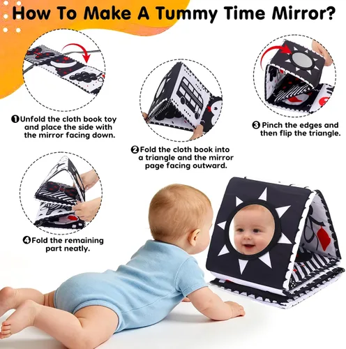 Miniatura 6 de Juguetes de alto contraste en blanco y negro para bebés de 0-3, 3-6 meses, tiempo boca abajo, suave, libro arrugado, espejo, juguetes sensoriales
