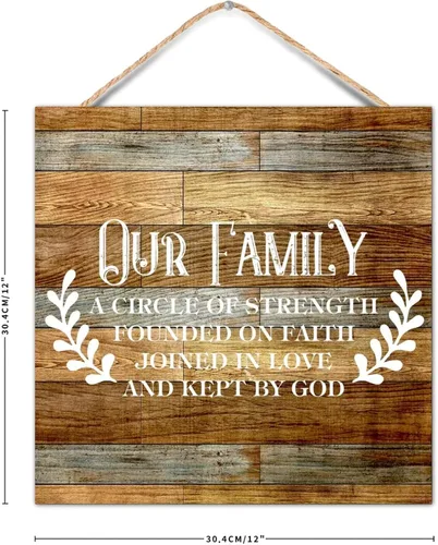 Miniatura 2 de Paleta de madera vintage con versículo bíblico para el hogar, con texto en inglés "Our Family a Circle of Strength" Founded on Faith Joined in Love