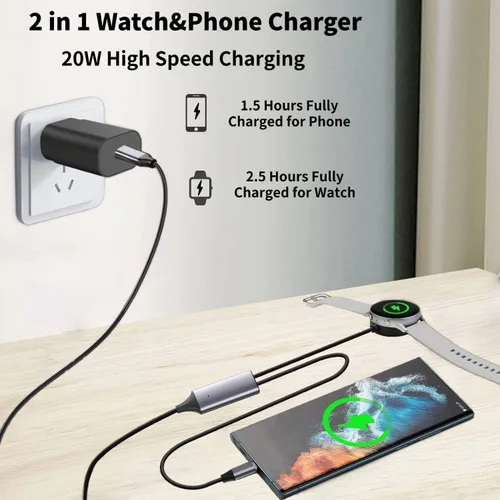 Miniatura 2 de Carga rápida USB C 2 en 1 compatible con Samsung Galaxy Watch 7/6/6 Classic/5/5 Pro/Ultra/FE, 4/3/Active 2/Active SmartWatch y Galaxy S24/S23