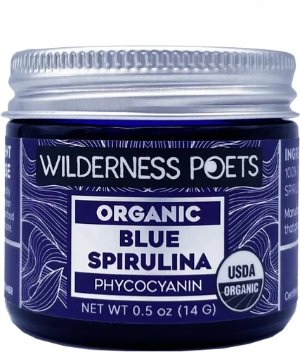 Wilderness Poets, Espirulina azul orgánica – 100% ficocianina (0.5 oz. Tarro de vidrio azul) – Natural – Sin maltodextrina, rellenos o conservantes