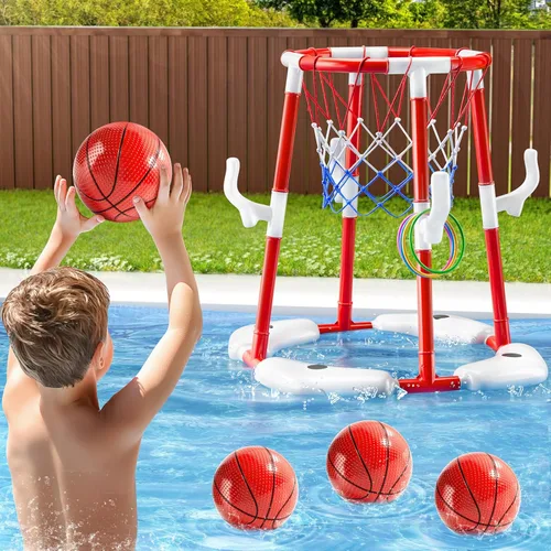 Miniatura 9 de JUKUDAHU Juguete de aro de baloncesto para piscina para niños de 2, 3, 4, 5, 6 años, juguetes flotantes de baloncesto para piscina con bomba de aire