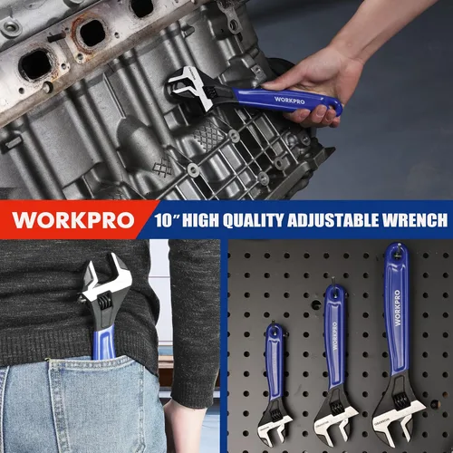 Miniatura 7 de WORKPRO Llave ajustable de 10 pulgadas, llave de mandíbula ancha de acero Cr-V con óxido negro, escalas métricas y SAE, para el hogar, garaje, Azul